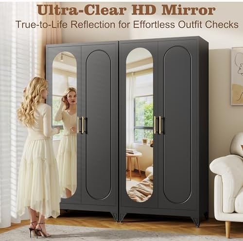 71" Arched Black Metal Wardrobe Closet with Full-Length Mirror, French Elegance Steel Armoire Clothes Storage Cabinet with Hanging Rod & Adjustable Shelves for Bedroom Home Office, 18" Deep