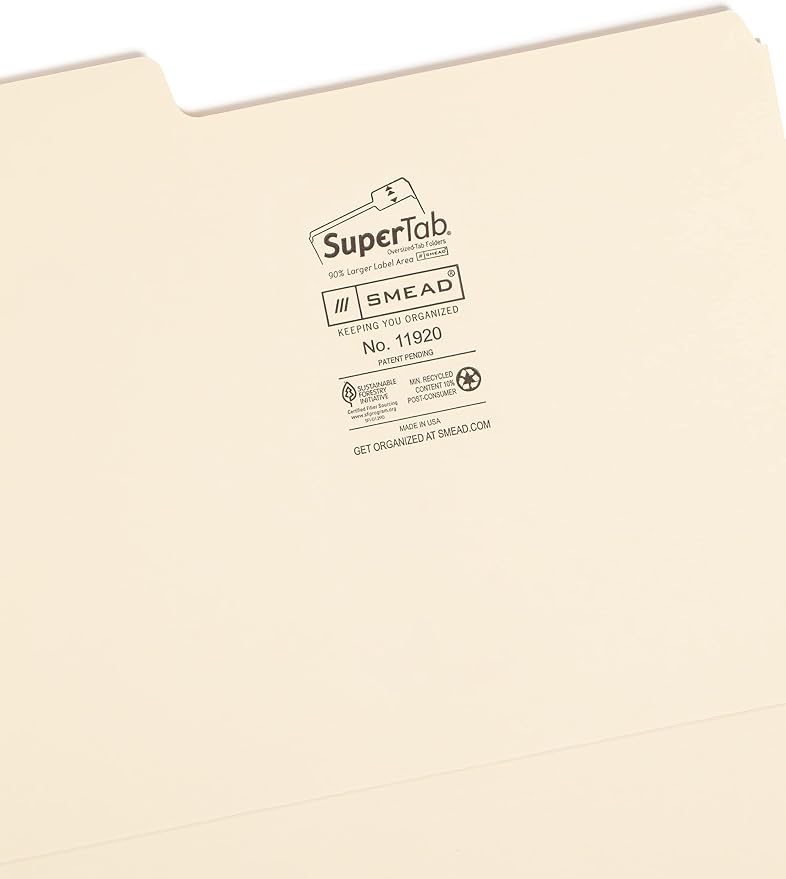 Smead SuperTab File Folder, Oversized 1/3-Cut Tab, Letter Size, Manila, 24 Per Pack (11920)