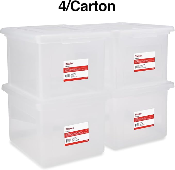 Staples Hanging File Folder Box, Storage Bin Organizer, Snap Lid, Clear | Fits letter and legal size documents. Stackable design keeps files secure and visible.