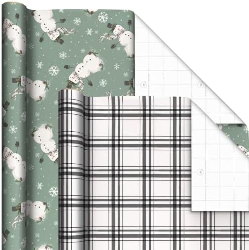 Hallmark Sage Green Christmas Wrapping Paper, 4 Rolls (Plaid, Snowmen)