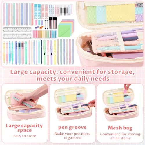 80Pcs Aesthetic School Supplies with Cute Pencil Case, 12 Pastel Highlighters, 4 Multicolor Ballpoint Pens, 6 Gel Pens with Refills, 10 Mechanical Pencils with Leads for Student Stationery Set(Pink)