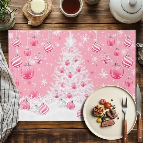 Pink Christmas Placemat 1PC, White Xmas Tree Snowflakes Pink Balls Heat Resistant Washable Table Place Mats Winter Cotton Table Linens Party Holiday Decor for Kitchen Dining Outdoor Indoor