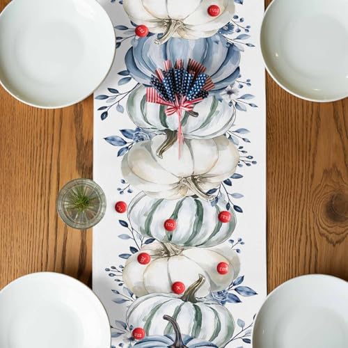Fall Table Runner White Blue Pumpkin Table Runners Harvest Thanksgiving Blue Eucalyptus Leaves Cotton Linen Dresser Scarf Kitchen Dining Table Decor for Autumn Holiday Party Coffee 13x90 Inch