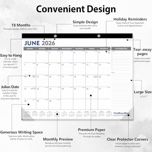 OuMuaMua Large Desk Calendar 2026-2027 - 18 Months from Jan. 2026 through Jun. 2027, 22 x 17 Inches Desktop Wall Calendar with Julian Date To-do & Notes, Corner Protectors for School Home Office