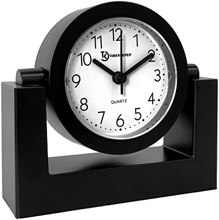 Timekeeper Small Desktop Swivel Clock for Desk, Battery Operated, 6.75" Wide x 2" Tall, Black Frame White Face