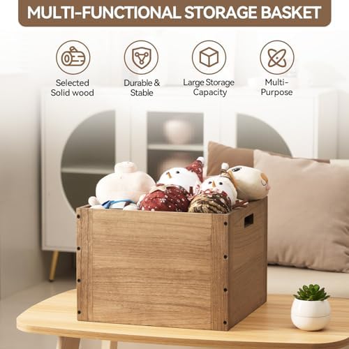 KIRIGEN Stackable Wood Storage Cube with Handles, Open Crate Bin, Brown