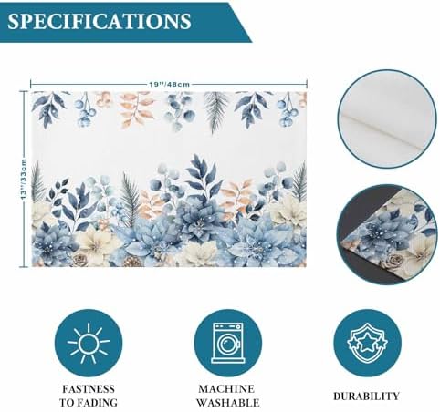 Blue Christmas Poinsettia Placemat 1PC, Winter Eucalyptus Leaves Heat Resistant Washable Table Place Mats Cotton Table Linens Party Holiday Decor for Kitchen Dining Outdoor Indoor