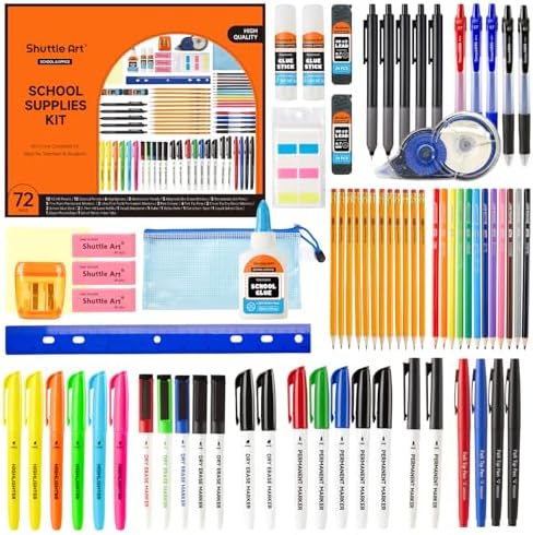 Shuttle Art 71 Pack School Supplies Kit, Back to School Supplies for Teachers, Middle High Schools, College School Supply with Highlighters, Pencils, Gel Pens, Dry Erase Markers, Felt Tip Pens, Glue