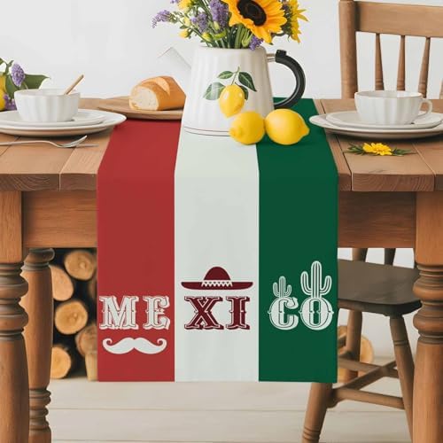 Mexico Flag Table Runner Dresser Scarf 13 x 72 Inch Green Red Color Cactus Hat Striped Modern Table Runners Non-Slip Heat Resistant Kitchen Dining Table Decor for Home Holidays Indoor Outdoor