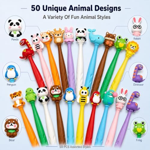 50 PCS Animal Pencil Top Erasers, Cute Kawaii Animal Eraser Toppers, Soft Rubber Pencil Cap Erasers, Assorted Cartoon Animal Designs for Writing, Drawing, Office, School, Planner, Journal Supplies