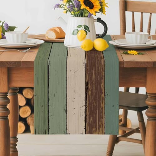 Green Brown Wood Grain Table Runner Dresser Scarf 13 x 36 Inch Vintage Mottled Board Striped Farm Table Runners Non-Slip Heat Resistant Kitchen Dining Table Decor for Home Holidays Indoor Outdoor