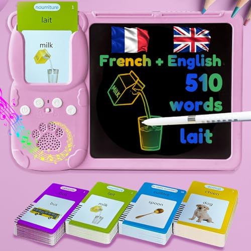 Writing Tablet with Bilingual Flash Cards for Kids, French, Pink