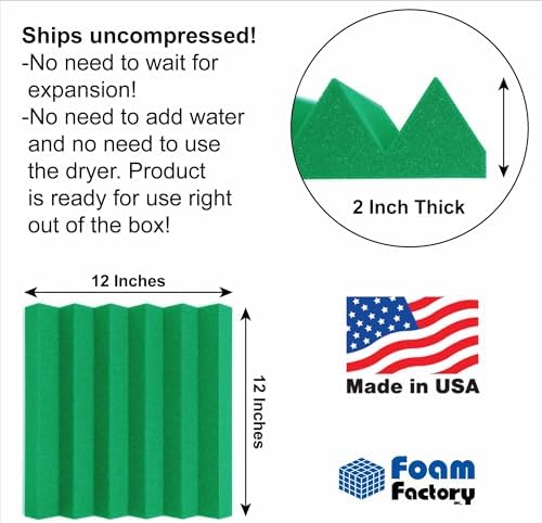 Foam Factory Inc 24 Pack Color Acoustic Foam Panel Studio Soundproofing Wedge Wall Tiles 12” X 12” X 2” (Kelly Green)