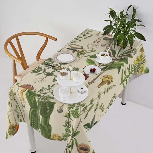 Vintage Botanical Tablecloth, Antique 1900s Mushroom Boho Wildflower Green Herbs Ferns Farmhouse Table Cover for Party Picnic Dinner Decor 60x90in