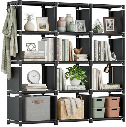 Mavivegue Book Shelf, 12 Cube Storage Organizer, DIY Bookcase, Metal Bookshelf,Tall Book case for Bedroom, Living Room,Office,Closet, Black Cubicle Rack
