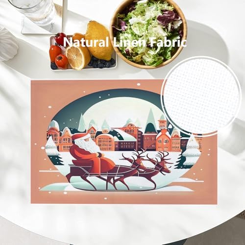 Batmerry Christmas Santa Claus Linen Placemats Set of 4, Reindeer Winter Cityscape Orange Washable Table Mats for Kitchen Table Thickened Heat Insulation Dining Set Indoor Outdoor 12X18 in