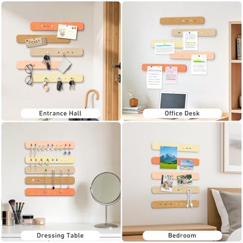HAUTOCO Felt Bulletin Strips 5 Pack, 13" x 2" Self Adhesive Pin Board with 20 Push Pins, Peel and Stick Memo Board for Photos, Notes & Wall Decor, Dorm Room, Bedroom, Office, Linen Mix