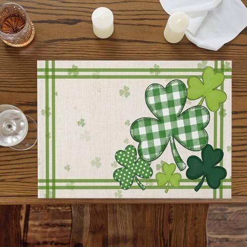 St. Patrick's Day Watercolor Shamrock Clovers Placemats Set of 6, Rustic Green Buffalo Plaid Cotton Linen Table Mats Washable Spring Holidays Decorations For Kitchen Dining Table French Stripes