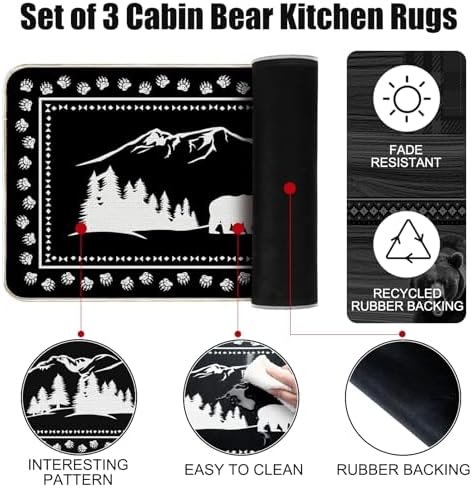 Pickmesh Set of 3 Kitchen Mats Cabin Bear Rugs Woodland Nursery Mat Decor Rustic Lodge Theme Area Rug with Bear and Cub Mountain Scene Cabin Carpet for Home Bathroom (Classic Style)