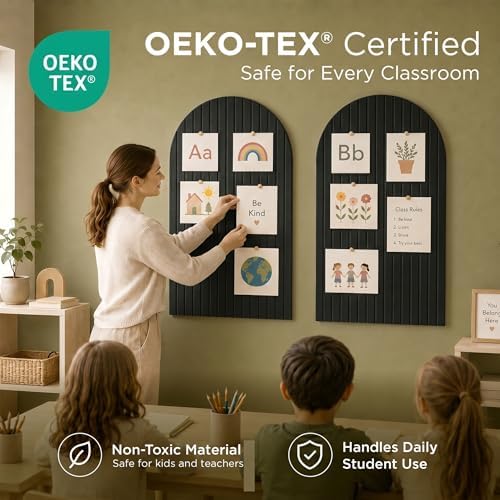 VIVELDA Large Felt Bulletin Board Arched 35" x 24" - Cork Board Alternative for Wall, 6 Felt Tiles with 32 Adhesive Tabs, Stylish Pin Board for Home Office, Bedroom & Classroom (Black)