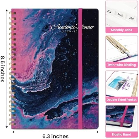 Planner 2026-2027, Monthly & Weekly Jul 2026-Jun 2027 Calendar Book | 6.3" x 8.5", Hardcover Spiral Planner with Tabs, School & Daily Pretty Agenda for Women, Students, Teachers, Fluid Eclipse
