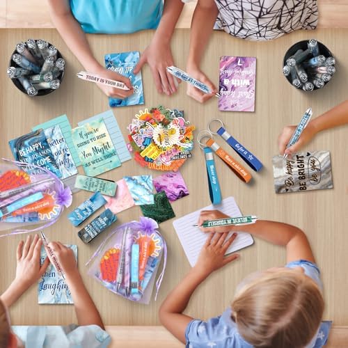 Pasimy 218 Pcs Inspirational Stationery Gifts Motivational Mini Notepad Pen Quote Bookmarks Stress Relief Stickers Inspiring Silicone Keychains for Home Office Appreciation Gift(Marble)