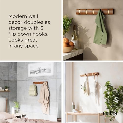 Umbra Flip Coat Rack, Wall Mounted 5-Hook Space Saving, Walnut/Gold