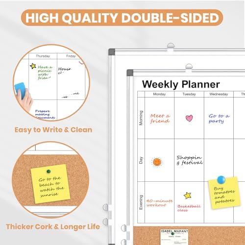 Weekly Dry Erase Calendar Whiteboard for Wall, 24" x 18" Cork Week Planner