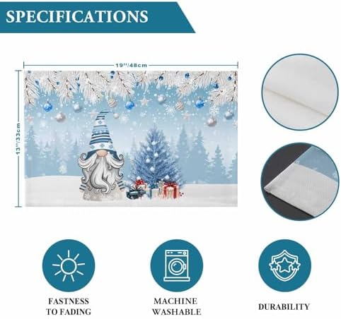 Christmas Gnome Placemats Set of 6, Winter Merry Christmas Tree Balls Heat Resistant Washable Table Place Mats Blue Cotton Table Linens Party Holiday Decor for Kitchen Dining Outdoor Indoor