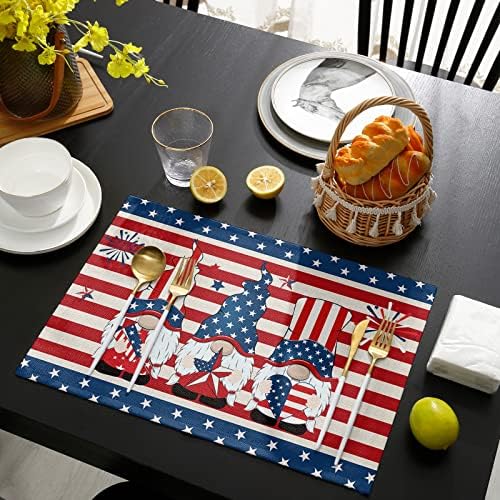 4th of July Patriotic Placemats Set of 6-Stripes and Stars American Flag Gnomes Heat Resistant Placemat Washable Cotton Linen Table Mats Memorial Day Party Holiday Decorations for Kitchen Dining Table