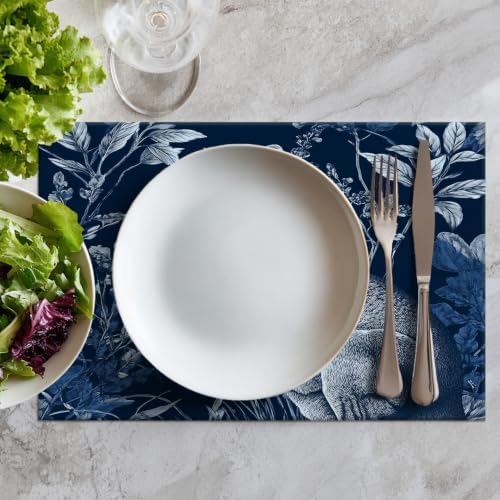 Batmerry Cute Kangaroo Placemats, Navy Blue with Plants Washable Linen Table Mats for Kitchen Table Double Insulation Decor Dining Set Indoor Outdoor 12X18 in Set of 6
