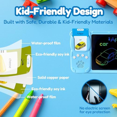 Writing Tablet with Bilingual Flash Cards for Kids, Arabic, Blue