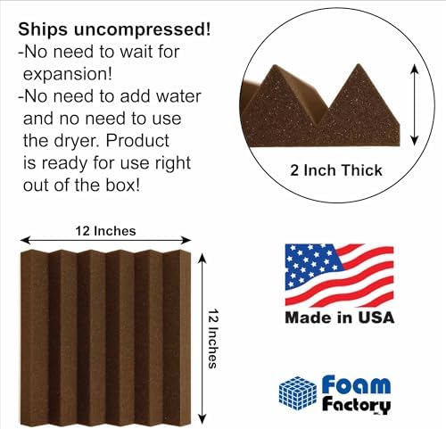 Foam Factory Inc 24 Pack Color Acoustic Foam Panel Studio Soundproofing Wedge Wall Tiles 12” X 12” X 2” (Brown)