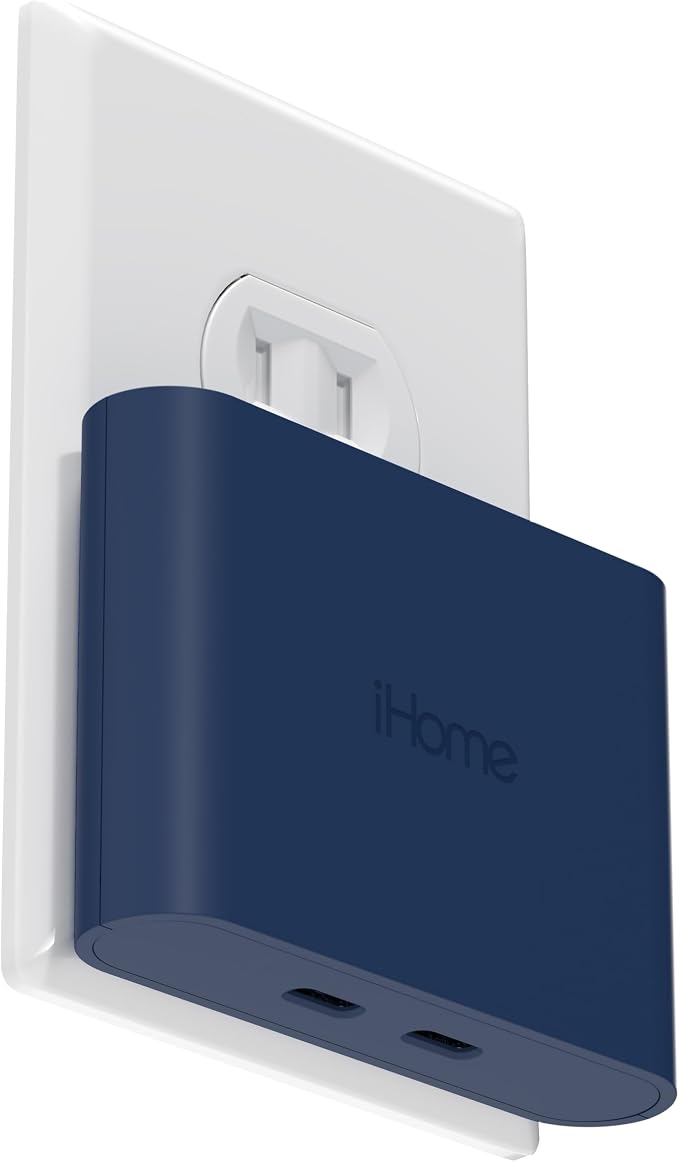 iHome Multiport 40W USB-C Charger, AC Pro 2-Port Flat Block, Dual Fast Charging Wall Adapter | Foldable Prongs, Fast Charging, 2.5x Faster, Charges iPhone, Android, iPad, AirPods, 2 USB-C Ports, Multiport Plug for Home
