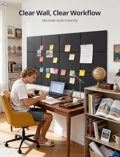 Kuchoow Large Felt Bulletin Cork Board Self-Adhesive Black Pin Wall Tiles, 48'' x 36'' Rectangular Vision Tack Panels for Classroom Office Display 12 Pack Corkboard for Kitchen Bedroom Home Decor