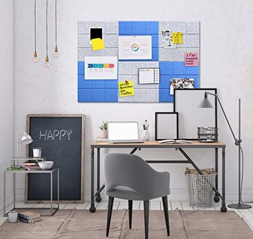 Large Felt Board Tiles for Wall with 30 Push Pins, 11.8"x11.8" Pack of 6 Pin Board Notice Boards for Home Office Kitchen, Bulletin Board Wall Tiles for Photos Memos (Blue+Grey, 6 Pack)