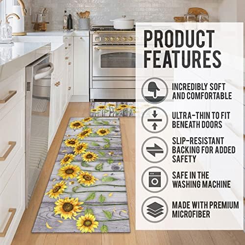 Wood Grain Sunflower Kitchen Rugs and Mats for Floor 2 Piece Sets, Sunflower Kitchen Mat and Gray Wood Grain Floor Rug for in Front of Sink for Standing for Kitchen Decor 17"X30"+17"X47"
