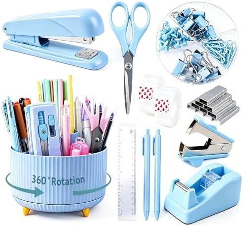 Gawsey Blue Desk Organizers and Accessories with Desk Organizer 360° Rotating Pen Holder and Office Supplies, Cute Stationery Supplies Set
