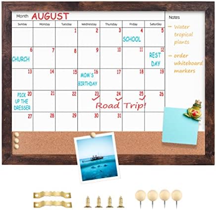 Dry Erase Calendar Whiteboard for Wall, 13" x 17" Small Combination Magnetic Dry Erase White Board & Bulletin Board, Walnut Brown Frame Calendar/Cork Combo Board(WB-3343-B)