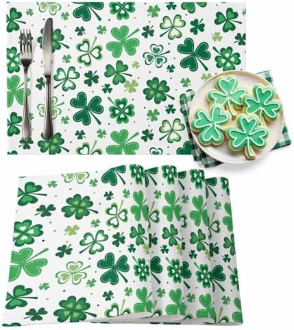 Vandarllin St Patrick's Day Green Shamrocks Clover Placemats Set of 4, Cotton Linen Heat Resistant Table Mats Washable Spring Holidays Decorations for Kitchen Dining Table