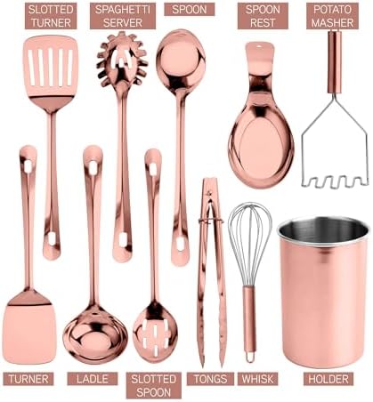 COOK WITH COLOR Kitchen Utensil Set - premium Nonstick & Heat Resistant Kitchen Gadgets, Turner, Spaghetti Server, Serving Spoons, Whisk, Tongs, Masher & Utensil Holder, 10-piece Rose Gold