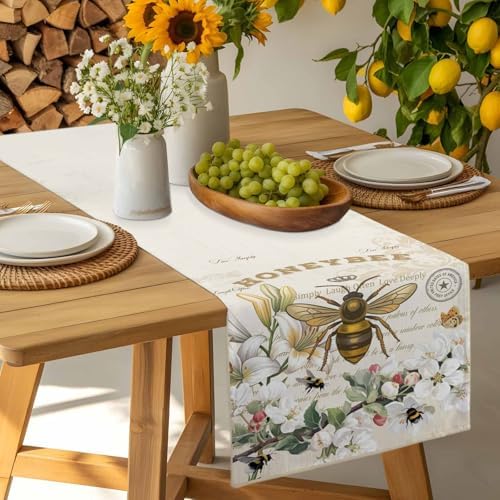 Bee Table Runner Dresser Scarf 13 x 120 Inch Farmhouses Honeybee White Floral Plants Retro Beige Table Runners Non-Slip Heat Resistant Kitchen Dining Table Decor for Home Holidays Indoor Outdoor