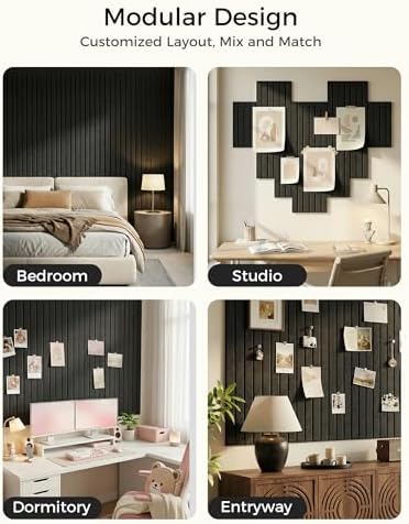 Aothia Felt Bulletin Board Tiles, 12-Pack 48"x36" Large Pin Board for Wall, Modern Cork Board Alternative for Notes, Photos, Memo & Office Organization, 70 Adhesive Tabs & 40 Push Pins, Black