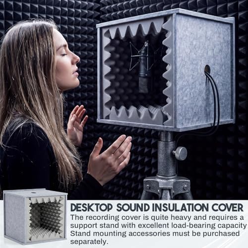 Pushglossy Desktop Soundproof Cover Portable Vocal Recording Booth Vocal Microphone Isolation Booth Cube for Music Studio Podcasts Decreasing Noise Home(Gray, 14.17 x 14.17 x 14.17 Inch, Holes)