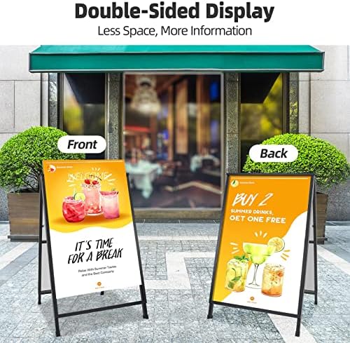 2 Pack Heavy Duty A-Frame Sidewalk Sign 24 x 36 Inch, Portable Double-Sided Sandwich Board Slide-in Folding Metal Signboard with 4 Plastic Poster Boards