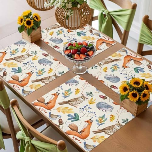 Fall Placemats for Dining Table Set of 6, Autumn Animal Place Mats Owl Bird Fox Leaves Thanksgiving Placemat Washable Harvest Autumn Table Mats for Kitchen Table Holiday Dinner Party Home Decor