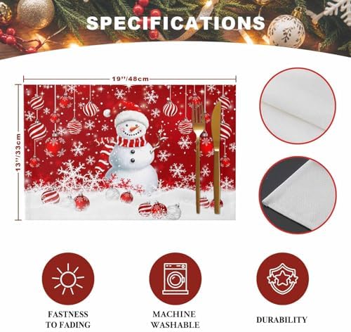 Christmas Placemats 1 Pack, Snowman Heat Resistant Washable Dining Table Mats Xmas Holiday Farmhouse Decor for Kitchen&Linens Outdoor Indoor, Snowflake Red Christmas Balls