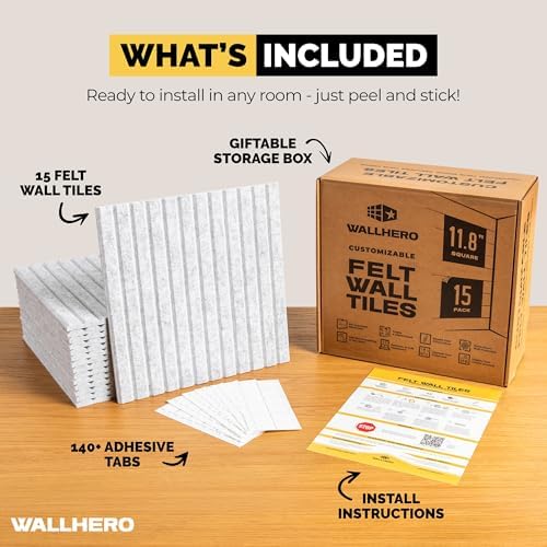 WALLHERO Office Cork Board, 59"x36" | 15 Pack | Felt Tiles for Wall, Tac Board, Large Felt Board, Wall Protector for Dart Board, (Gray Marble Slats)