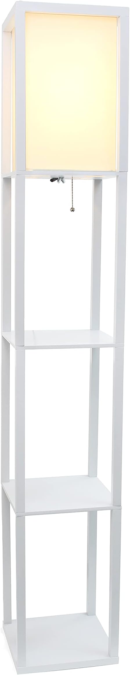Simple Designs LF1014-WHT-LB Three Shelf Etagere Organizer Storage Floor Lamp with White Linen Shade for Living Room, Bedroom, Office, Hallway, White, with Feit LED Bulb Included