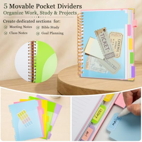 5 Subject Spiral Notebook with Pockets Dividers, 8.5''x11'' 300 Pages